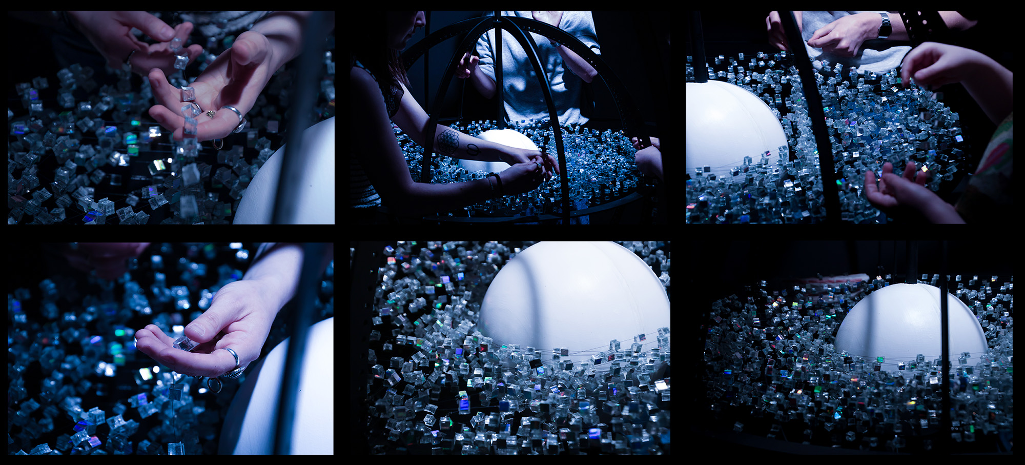 Tissage des cubes dans l'armature de la sphère Leave Space — détail de fabrication, Alessia Sanna